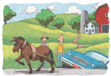 Farmer and Buddy to the Rescue Horse pulling car from ditch