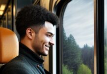 Behind every hasty assumption lies a beautiful story Young man looking out of the train windows and sees the passing trees for the first time