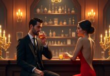 May I join you for a drink? man and lady sitting at the bar