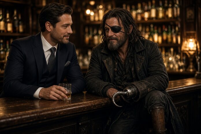 Two men recognise each other at a pub